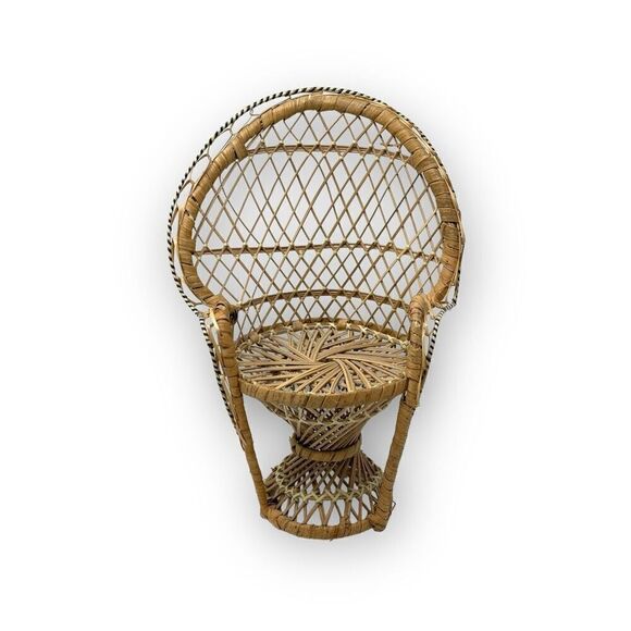 Wicker Rattan Peacock Chair Plant Stand Decor Small Doll Size 12” Tall Flawed - Picture 1 of 10